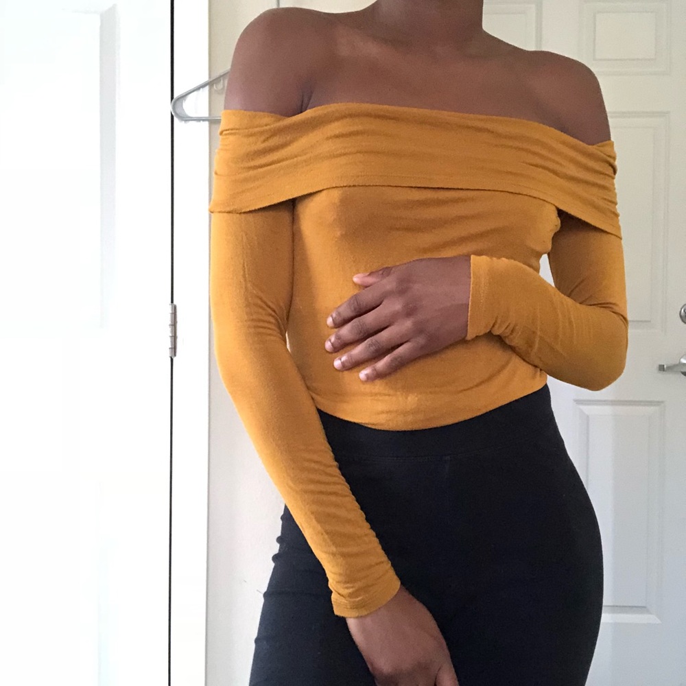 Mustard yellow off shoulder pull-over long sleeve